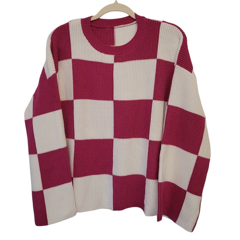 Pink White Checkerboard Sweater Oversized Colorblock Knit Streetwear L Boxy Fit